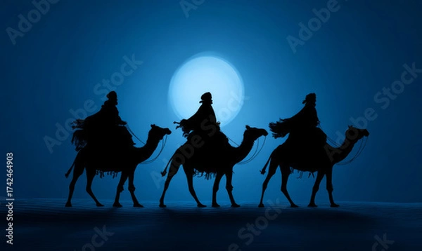 Fototapeta Serene silhouette of three wise men and camel on desert journey at night