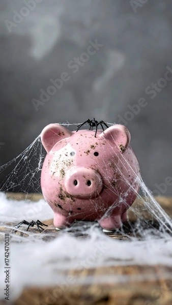 Fototapeta Piggy bank in spooky spiderweb