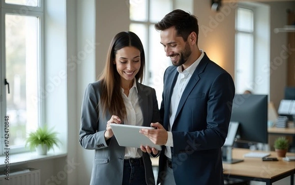Fototapeta two happy busy business man and woman executives partners team working together standing in office using digital tablet in corporate cooperation on company project. High quality