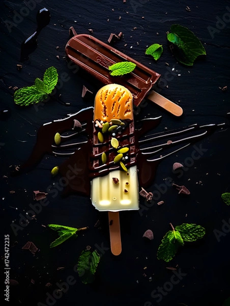 Fototapeta Minimalist green ice cream popsicle on a wooden stick