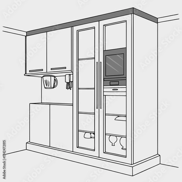 Fototapeta Modern kitchen cabinet unit with built in microwave and glass fronted display shelves