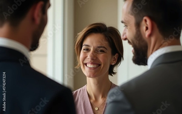 Fototapeta A woman with short hair is smiling at two men. One of the men is wearing a suit. High quality