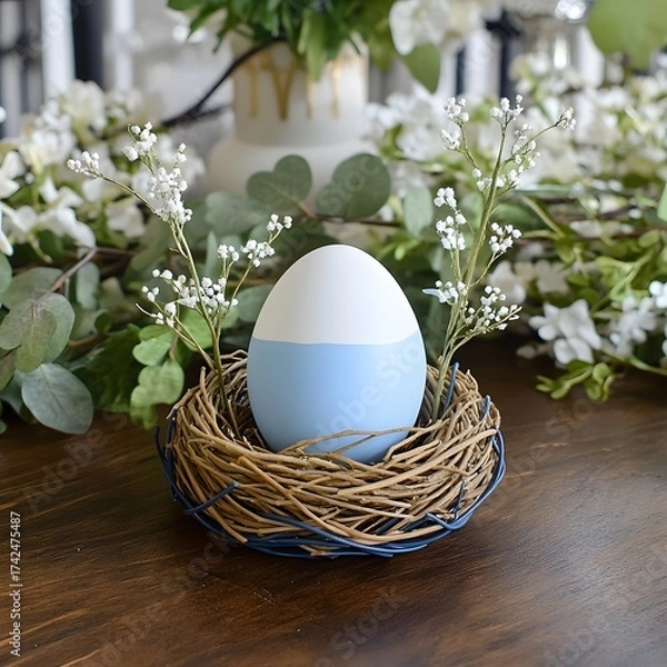 Obraz Elegant easter egg in bird nest with flowers on table backdrop decor