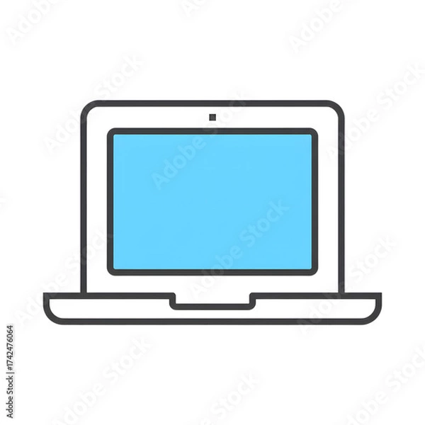 Fototapeta Minimalist laptop illustration with blue screen and gray outline on transparency