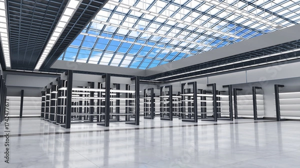 Fototapeta Supermarket interior mockup with empty gondola display racks in the center, shelves along the walls and clear roof overlooking the blue cloudy sky. 3d illustration