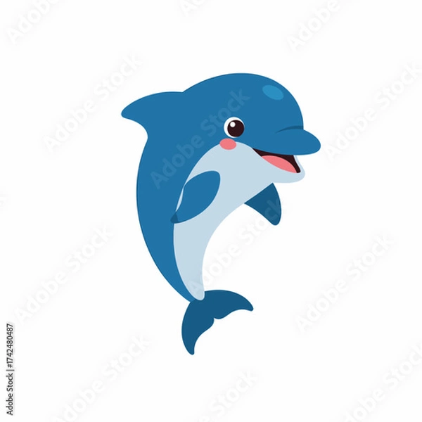 Fototapeta Cartoon dolphin smiling with a happy expression in a blue ocean.