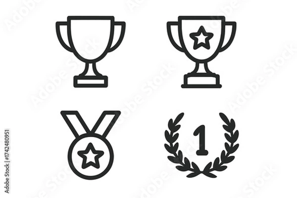 Obraz Award and trophy vector icon set. First place winner symbols. Champion cup, success medal with star, and victory laurel wreath. Competition prize line art illustration.