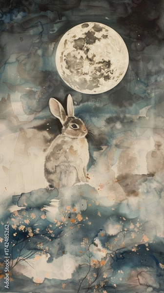 Fototapeta Enchanting Watercolor Rabbit Under Full Moon with Dreamy Night Sky and Blossoms