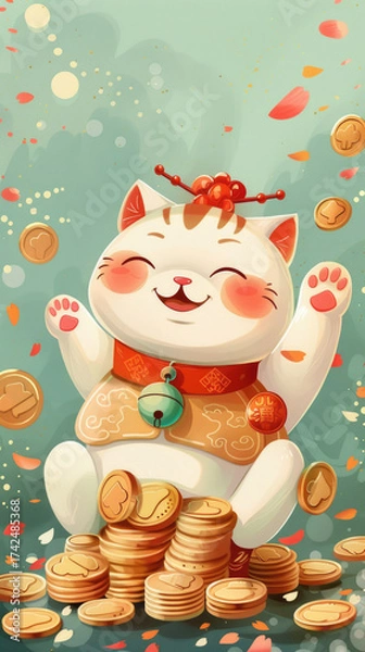 Fototapeta Cute Lucky Cat Surrounded by Gold Coins and Falling Petals in a Whimsical Illustration Celebrating Prosperity and Good Fortune