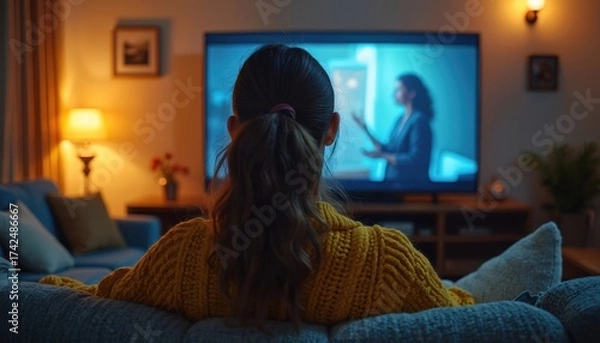 Fototapeta Woman watches movie on big screen TV from cozy sofa. Enjoying leisure time indoors, relaxing at home with entertainment. Nighttime screen viewing, modern digital media consumption.