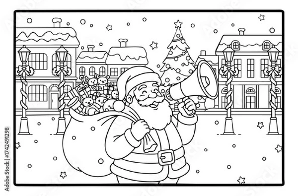 Obraz coloring page coloring book Santa Claus announcing arrival with megaphone Christmas illustration
