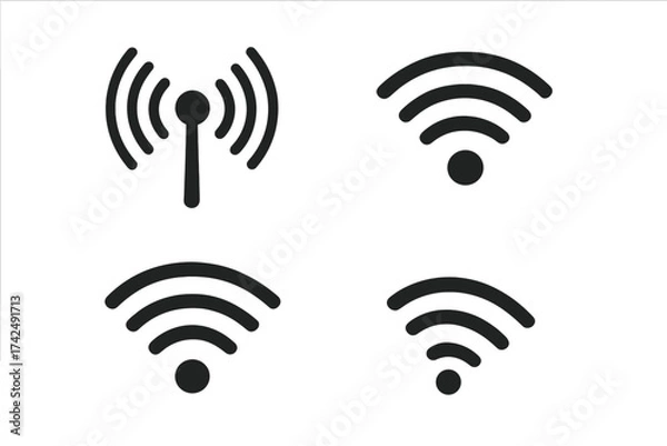 Obraz Wireless wifi icon vector illustration set. Internet signal strength symbol. Network connection pictogram. Technology concept. Mobile data hotspot sign. Radio antenna broadcast.