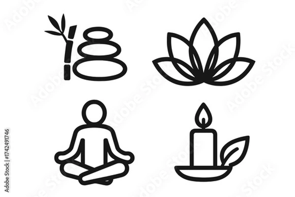 Fototapeta Zen health and wellness spa icons set with bamboo, balanced stones, lotus flower, meditation pose, and candle flame, symbolizing harmony, relaxation, yoga, and spiritual calm vector illustrations