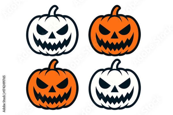 Obraz Halloween spooky pumpkin faces with creepy jack-o'-lantern expressions, white and orange pumpkin vectors, set of four Halloween-themed scary pumpkin icons for horror design