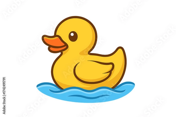 Obraz Yellow rubber duck toy floating on water vector illustration. Cute cartoon ducky for baby bath time fun. Plastic bird icon for children's games. Isolated clean background.