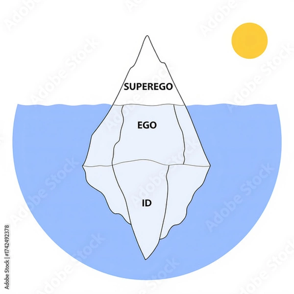 Fototapeta A simplified illustration of the iceberg model, depicting Freud's concepts of the id, ego, and superego, with a sun above and water below
