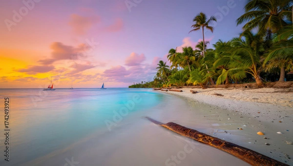 Fototapeta A beautiful beach with colorful, glowing water that creates a stunning summer atmosphere, reminiscent of paradise