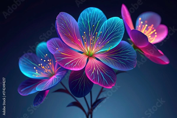 Fototapeta A creative cyber-neon concept featuring fresh spring flowers, showcasing colorful and beautiful blossoms in a futuristic glow