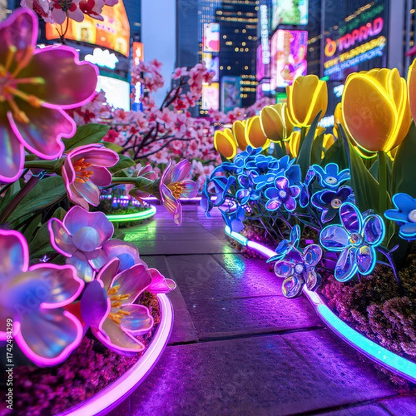Fototapeta A creative cyber-neon concept featuring fresh spring flowers, showcasing colorful and beautiful blossoms in a futuristic glow