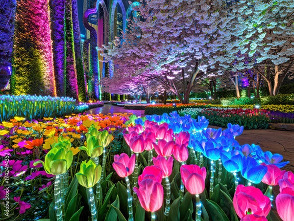 Fototapeta A creative cyber-neon concept featuring fresh spring flowers, showcasing colorful and beautiful blossoms in a futuristic glow