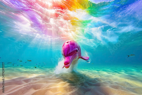 Fototapeta A pink dolphin gracefully jumps out of the water, creating a mesmerizing and surreal scene 