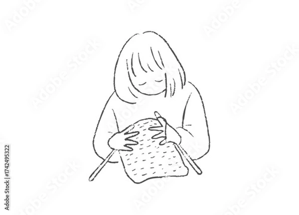 Obraz 手芸で毛糸を編む人物の手描きイラスト