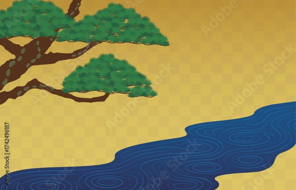 Obraz 日本画風の背景。老松と小川のイラスト。