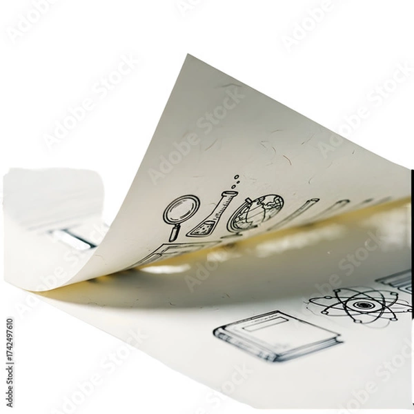 Obraz Scientific illustration page turning with transparent background and sketch elements