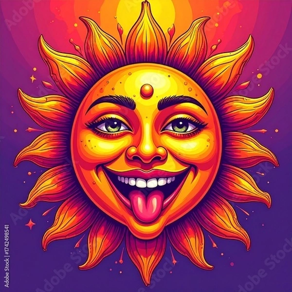 Fototapeta Sun face with joyful expression and colorful rays in vibrant design celebrating warmth and happiness