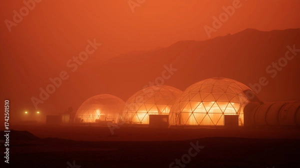 Fototapeta Mars colony dome sunset, panoramic view with layered domes casting long shadows on rust-colored sand