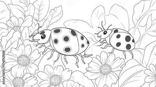Obraz Two ladybugs on flowers, coloring book illustration