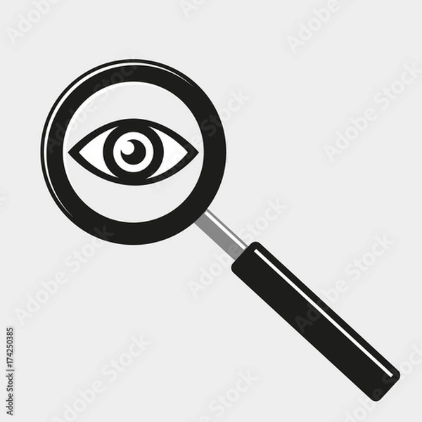 Obraz Magnifying glass and eye icon black and white flat design vector illustration.