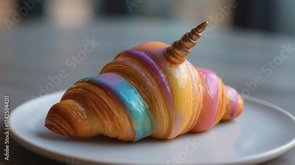 Fototapeta Rainbow croissant unicorn, glowing croissant with unicorn horn and rainbow icing swirls