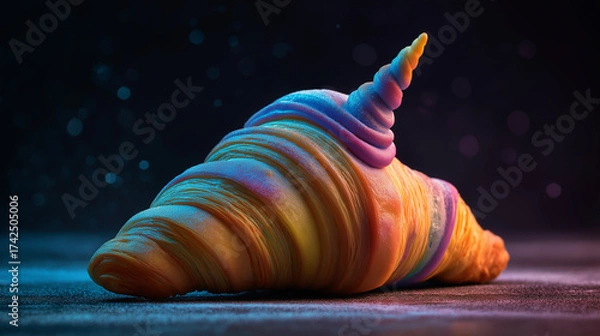 Obraz Rainbow croissant unicorn, glowing croissant with unicorn horn and rainbow icing swirls