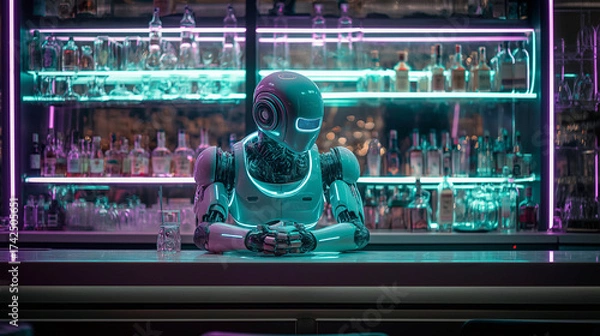 Fototapeta Robot bartender neon lights, sleek android bartender glowing in bar booth, soft tech glow