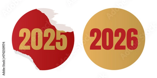 Fototapeta 2026 loading. Realistic ripped torn old round paper sticker with numbers 2025 and new gold sticker 2026. Anticipation of the New Year. Isolated vector EPS10 on transparent background.