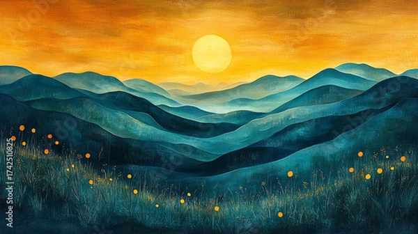 Obraz Golden Sunrise Over Peaceful Mountain Fields