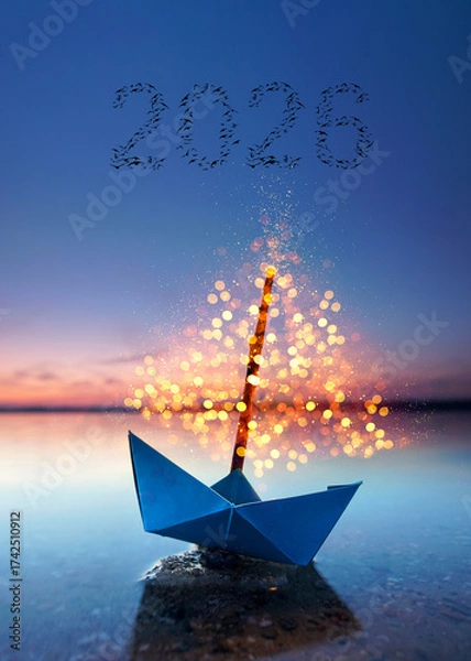 Fototapeta flying birds in shape of 2026 over a festive glimmering sail boat at the sea