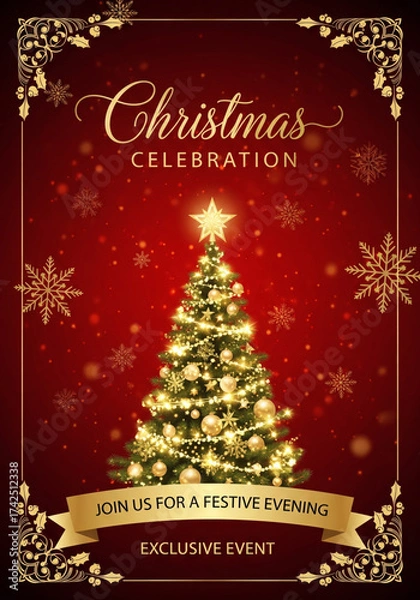 Fototapeta Festive Christmas Celebration Tree Invitation with Golden Snowflake Border Sparkle and Invitation Text for Exclusive Event