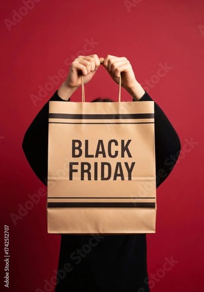 Fototapeta Person holding a black friday shopping bag promoting sales and discounts