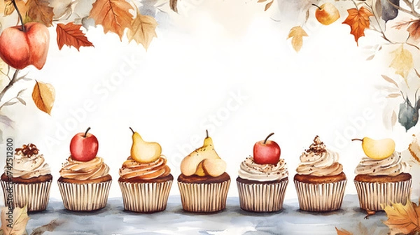 Fototapeta Autumnal Sweet Temptations: An array of beautifully adorned cupcakes are presented, showcasing an artistic arrangement, symbolizing the essence of autumn season with an inviting composition