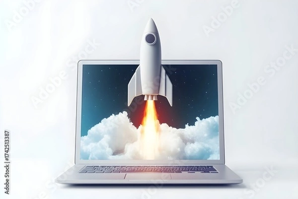 Fototapeta Silver Laptop Rocket Launch Screen Cloudscape spaceship