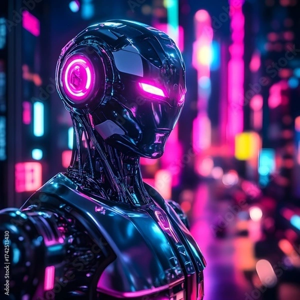 Fototapeta Futuristic Robot Neon Cityscape Cyberpunk android