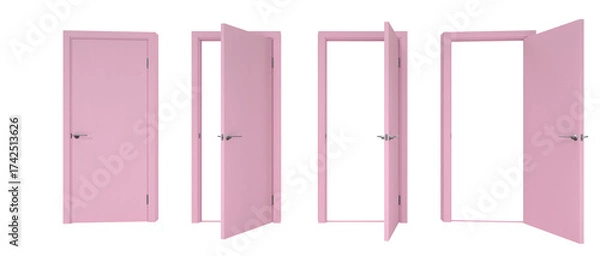 Fototapeta Set of modern pink door isolated on neutral background with different open angles 3D render.