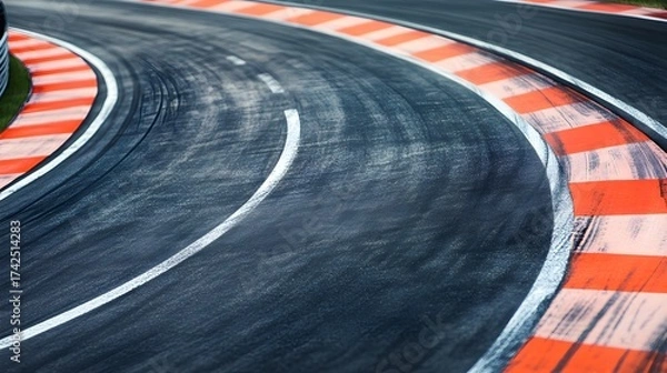 Fototapeta Dark Asphalt Race Track Curve White and Orange Markings