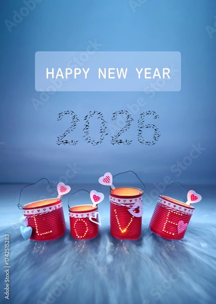 Fototapeta beautiful self crafted red LOVE Lanterns from Tin Cans on the beach for new year 2026 from flying birds in the sky