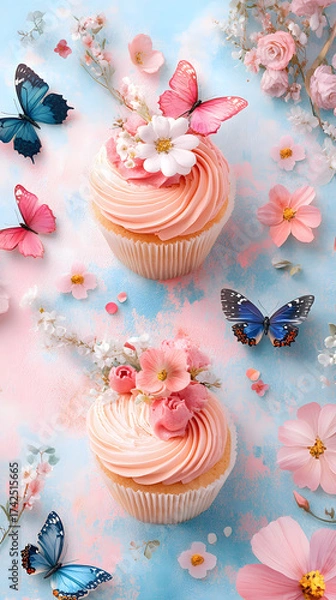 Fototapeta Sweet Cupcakes with Delicate Butterflies: Exquisite cupcakes are adorned with delicate butterflies and vibrant flowers, creating a whimsical, pastel-colored treat. 
