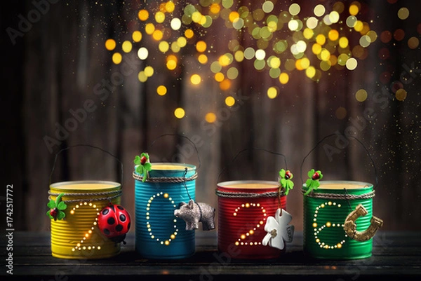 Fototapeta colorful tin can lanterns with 2026 for a happy new year on new years eve