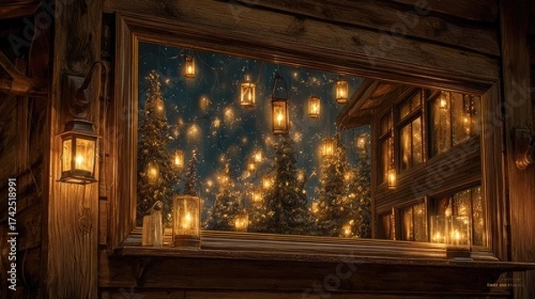 Fototapeta Warm Glow of Lanterns Illuminating Winter Night Through Window