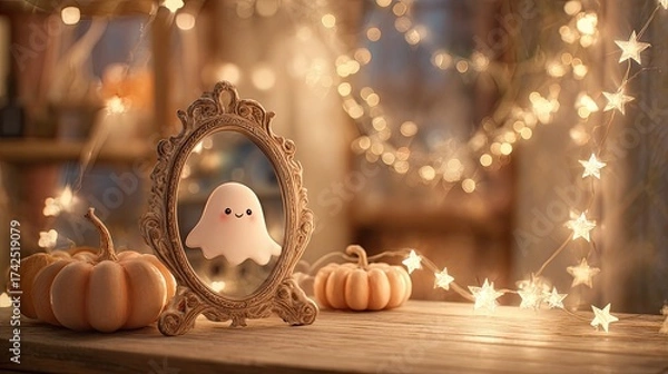 Fototapeta Cute Ghost Reflection in Vintage Frame with Pumpkins and Lights